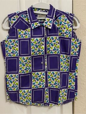 Vintage Karman Western Wear Sleeveless Pearl Snap Tank - Purple Floral Geometric
